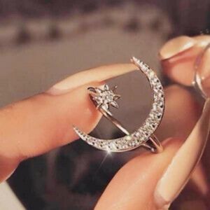 925 Silver Filled Crescent Moon and White Sapphire Star Adjustable Ring